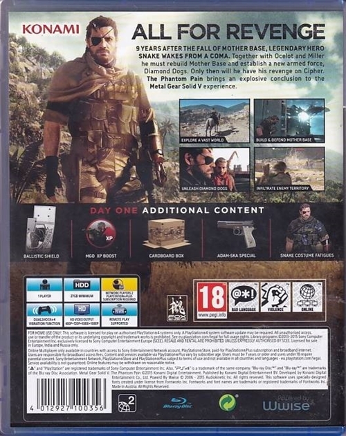 Metal Gear Solid V The Phantom Pain Day One Edition - PS4 (A-Grade) (Genbrug)